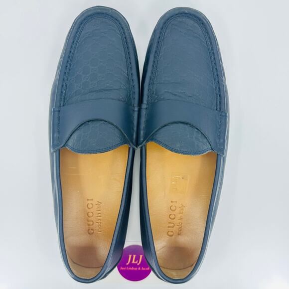 Gucci Men's Microguccissima Navy Blue Leather Slip On Driver Loafers Size 9 - Picture 11 of 16